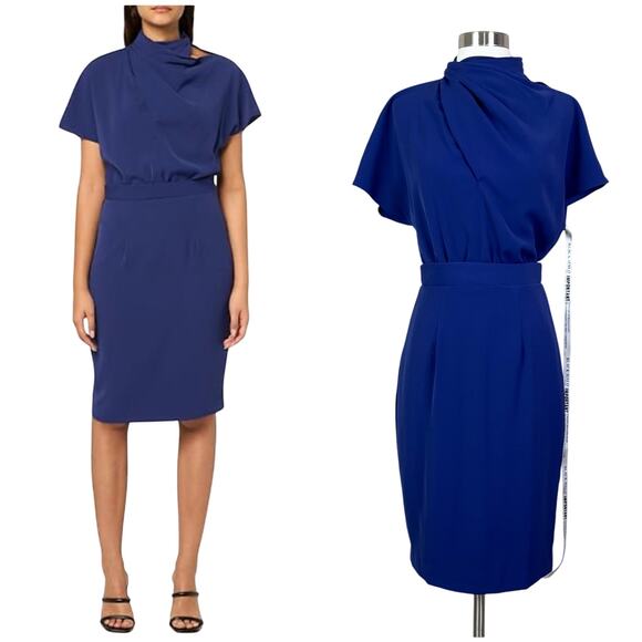 NEW Black Halo | Estella Indigo Blue Draped Short Sleeve Designer Sheath Dress 2 - Picture 1 of 12